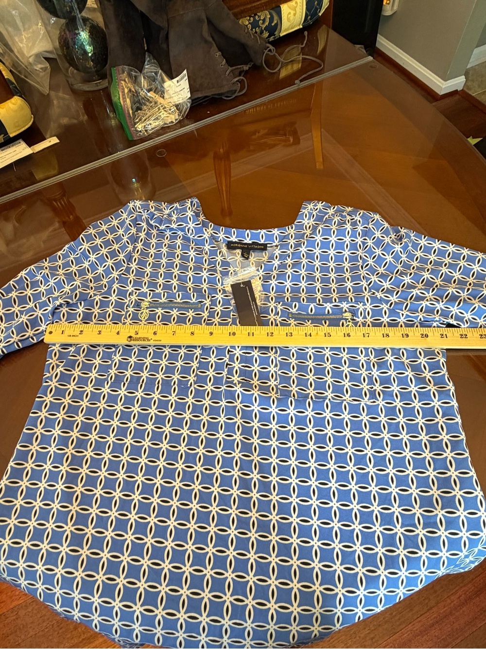 Adrienne Vittadini Blue and White Geometric V-Neck Tunic - Picture 4 of 7
